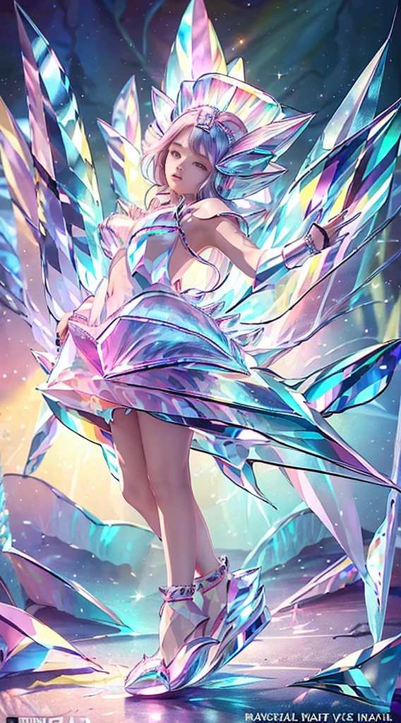 (Masterpiece), (Best quality), Extremely detailed, illustration,  ((1girll)), (colorful crystals:1.5),(Wear crystal shoes:1.5),(colorfulhair:1.2),(Colorful dresses),High chiaroscuro,(full bodyesbian:1.5)