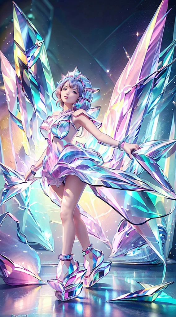 (Masterpiece), (Best quality), Extremely detailed, illustration, ((1girll)), (colorful crystals:1.5),(Wear crystal shoes:1.5),(colorfulhair:1.2),(Colorful dresses),High chiaroscuro,(full bodyesbian:1.5)