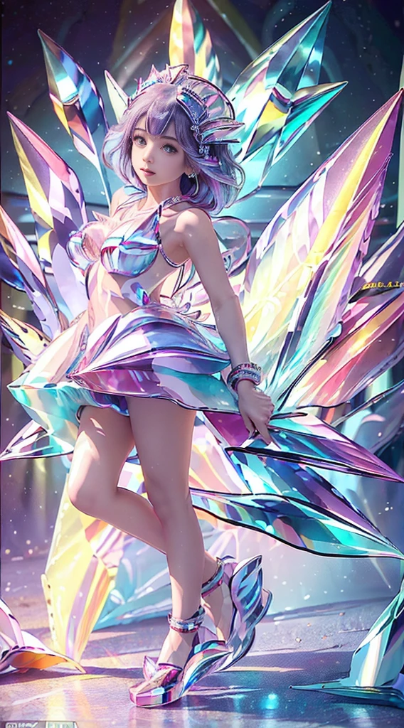 (Masterpiece), (Best quality), Extremely detailed, illustration, ((1girll)), (colorful crystals:1.5),(Wear crystal shoes:1.5),(colorfulhair:1.2),(Colorful dresses),High chiaroscuro,(full bodyesbian:1.5)