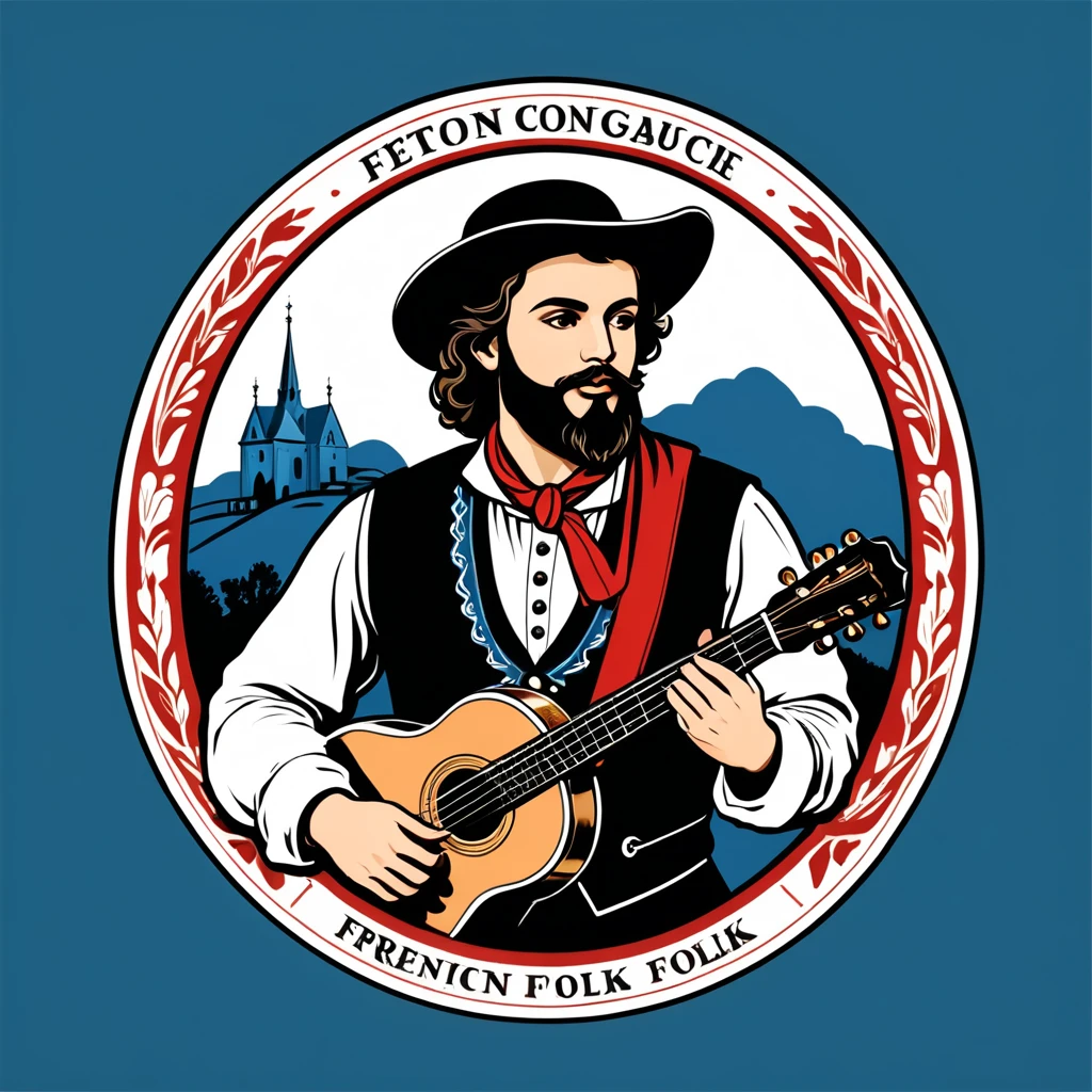 bard in french folk outfit, vector graphics, strong contours, logo design