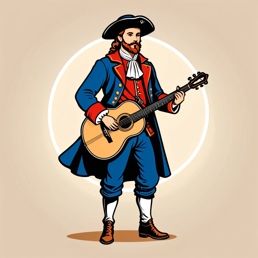 bard in french folk outfit, vector graphics, strong contours, logo design
