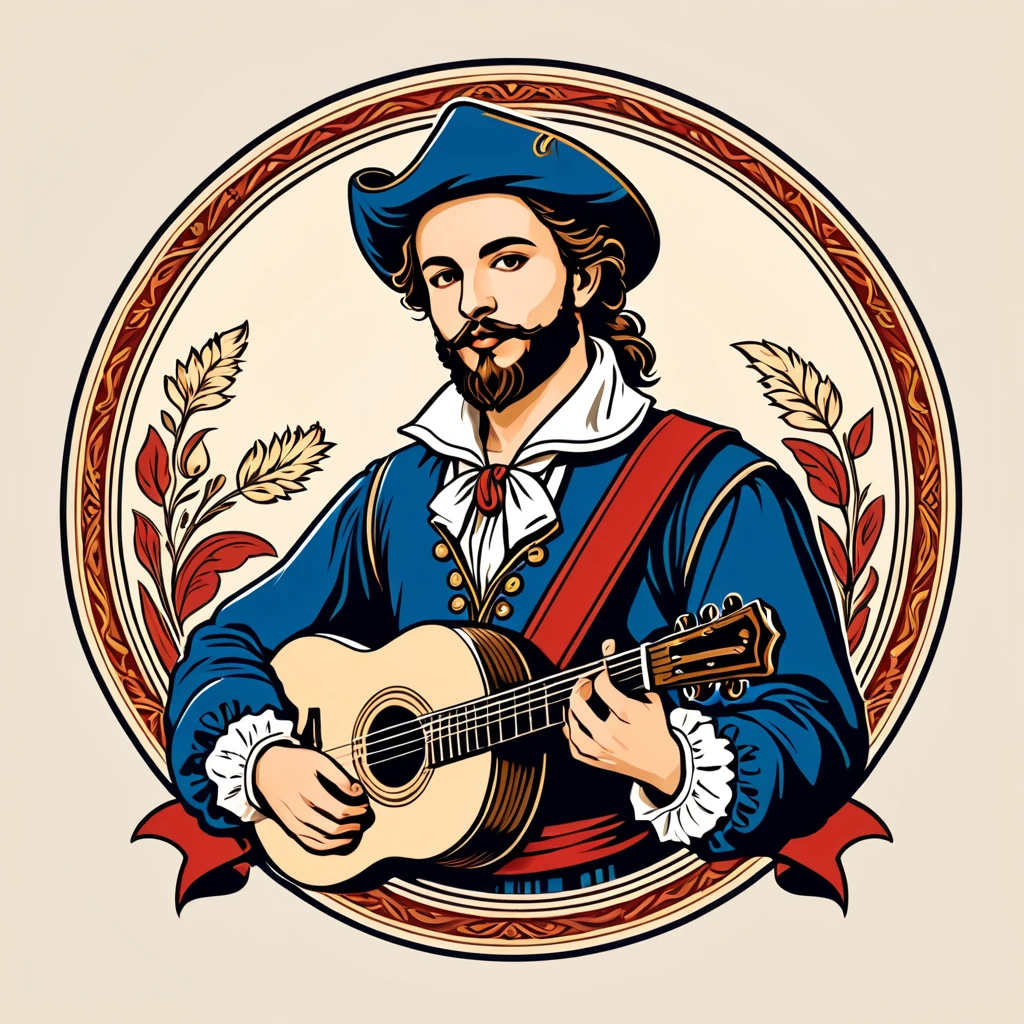 bard in french folk outfit, vector graphics, strong contours, logo design