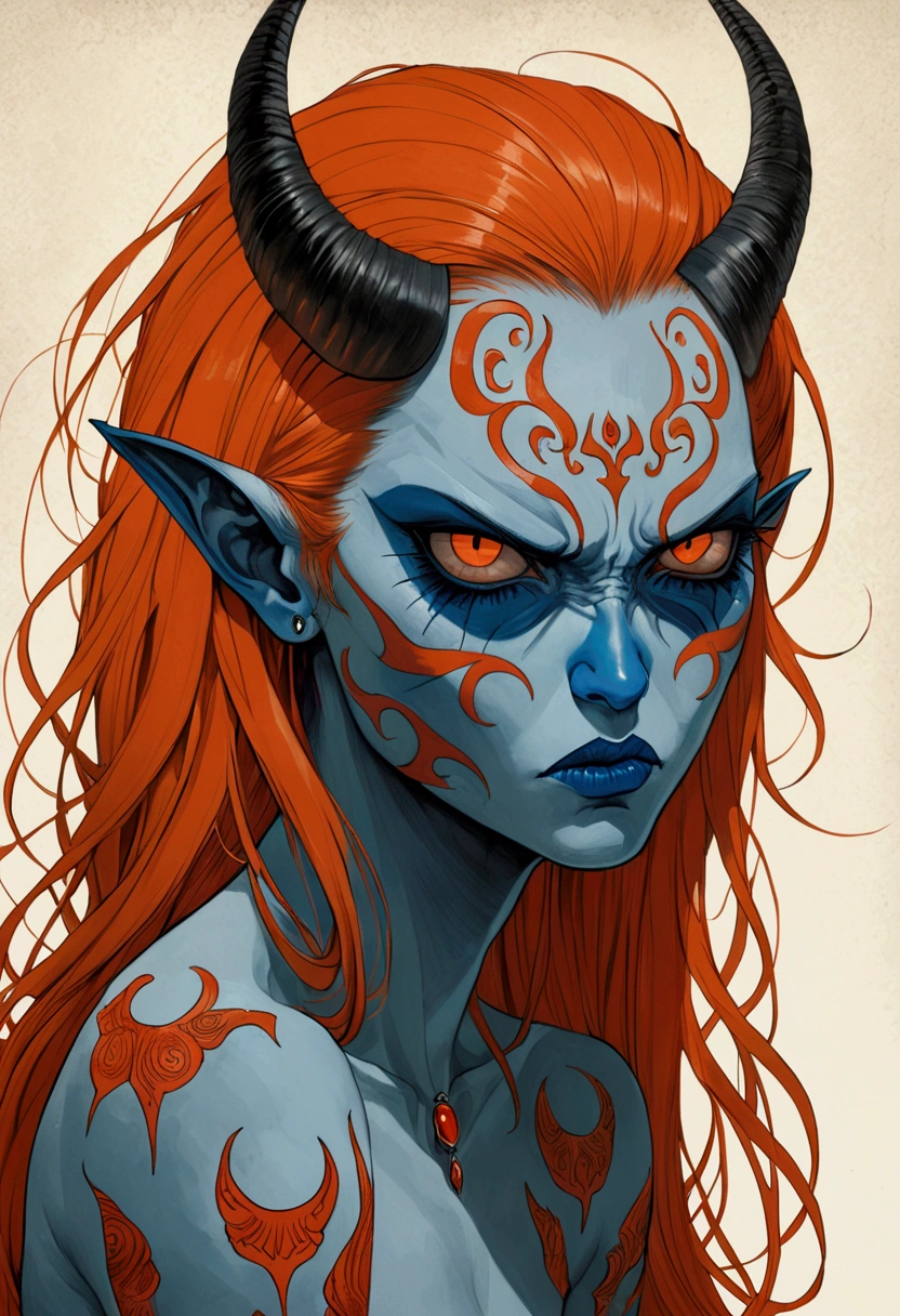 Imitating Alex Howitt (Alex Howitt) style of,style of santiago caruso,An extremely detailed gouache painting of a female demon, Blue skin tone, Disgusted expression, angry, anger, Gorgeous exotic style, Amber neon eyes:1.5, Orange Hair, Extremely detailed facial features, Expressive face, Detailed texture, Red tattoo, (masterpiece), (best quality), (Super Detail),