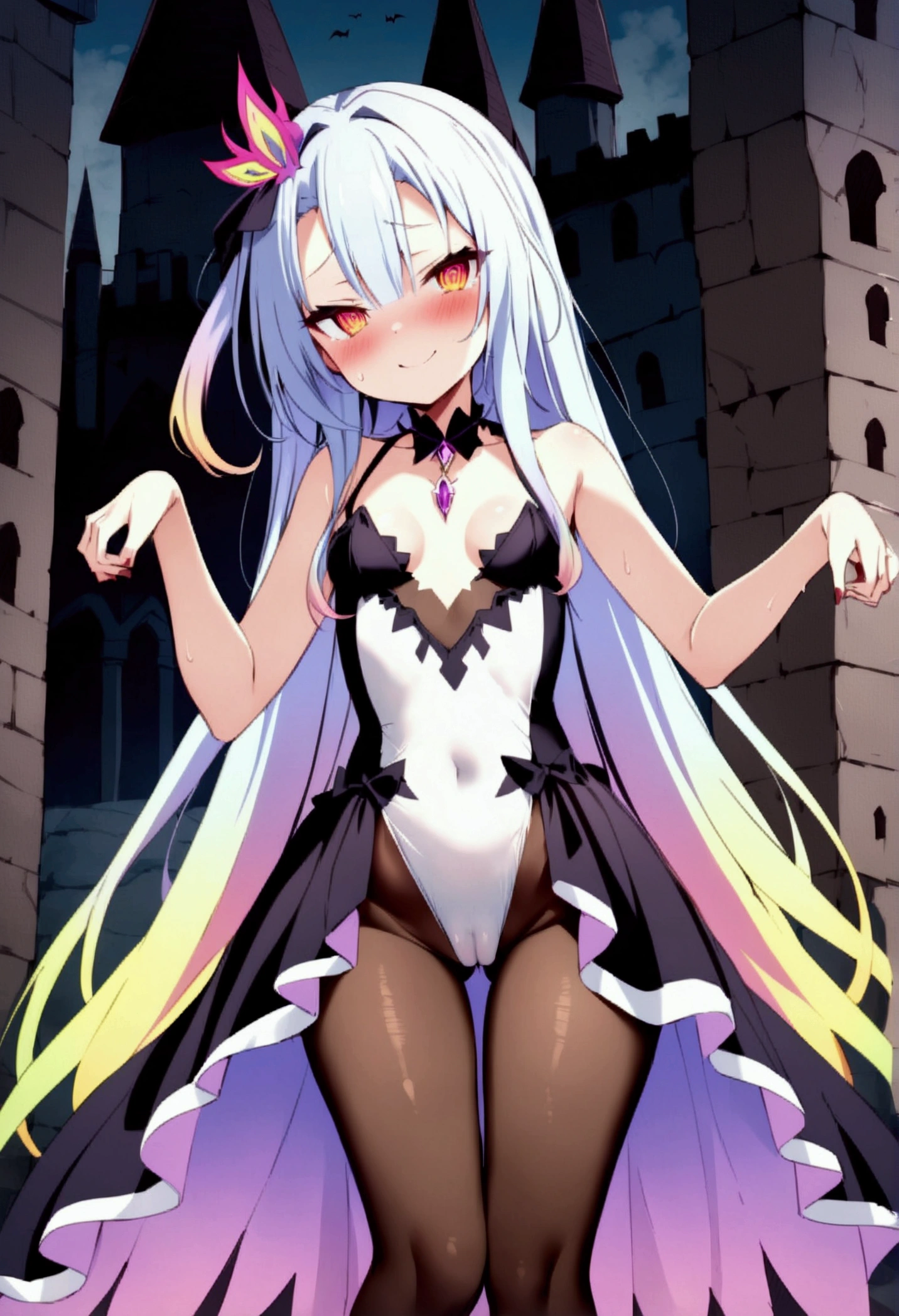 NSFW,masterpiece,Highest quality,High resolution,Very detailed,white\(no game No life\),Small breasts,Multicolored Hair,Gradient Hair,Bad smile,blush,(devil),devilの角,devilのしっぽ,devilの羽,High-quality black frill dress,leotard,Fishnet tights,Bossy Pose,Abandoned Castle