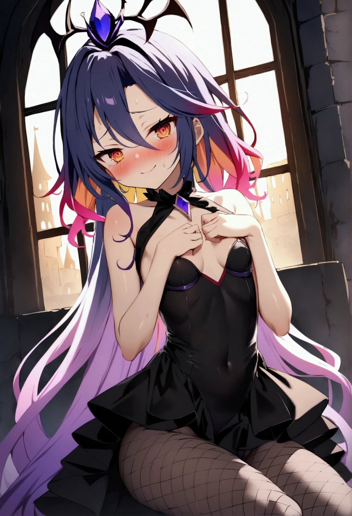NSFW,masterpiece,Highest quality,High resolution,Very detailed,white\(no game No life\),Small breasts,Multicolored Hair,Gradient Hair,Bad smile,blush,(devil),devilの角,devilのしっぽ,devilの羽,High-quality black frill dress,leotard,Fishnet tights,Bossy Pose,Abandoned Castle