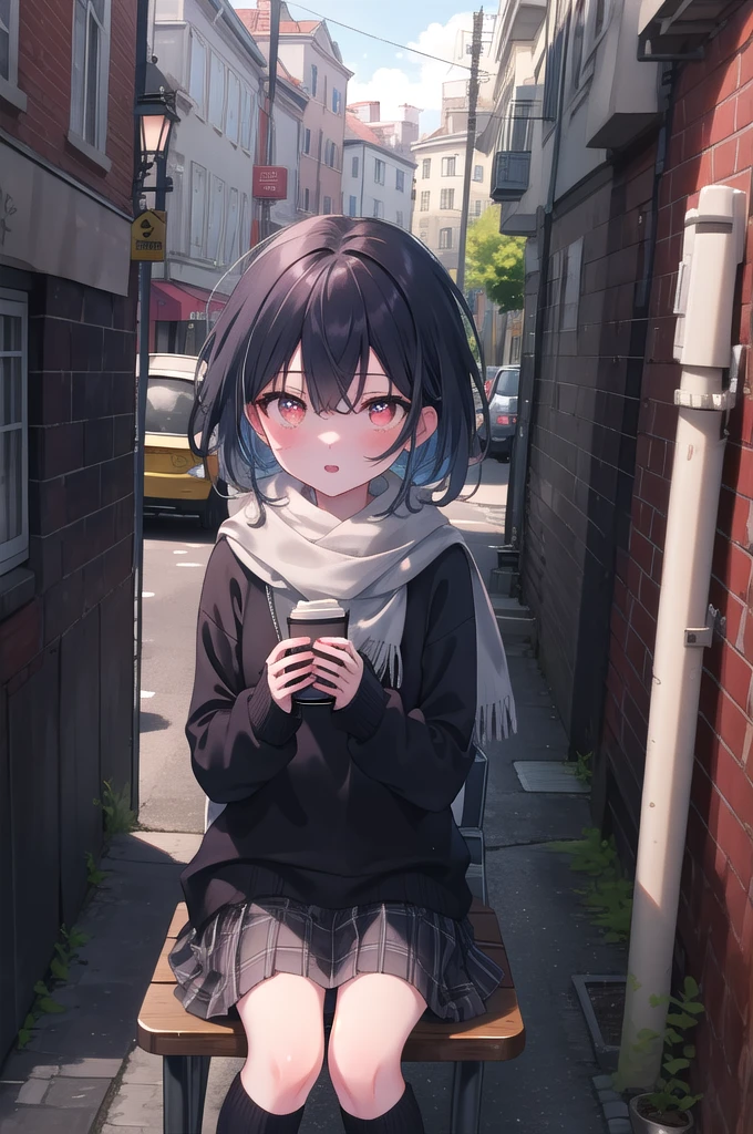 (8k, best quality, Masterpiece: 1.2),ultra high resolution,1 girl, solo, ((discolored eyes, very detailed, expressive eyes)), very detailed 얼굴, randome hair, random color, an ecstatic look, back, A girl sitting alone in a street corner cafe。I see him thinking about something in the background.。tight knit sweater、skirt、scarf hanging from the back。