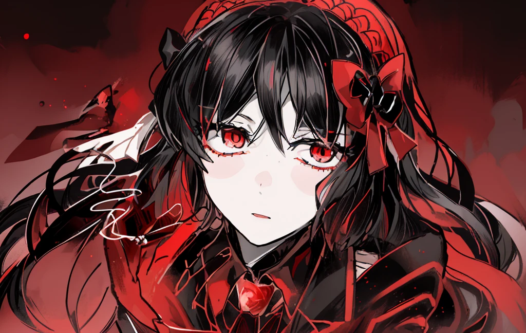 1girl, black hair, (red eye) ,red rose, Red bow, black noble dress ,pale skin,
(high resolution, high detail, best quality), mysterious, elegant, shy