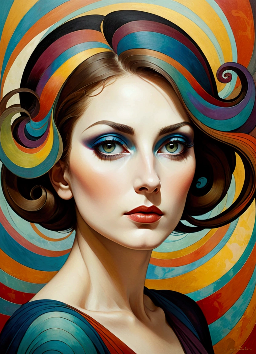 Imitating Alex Howitt (Alex Howitt) style of,style of santiago caruso，Abstract painting of a woman, Colorful swirls on the face, portrait, Beautiful and expressive