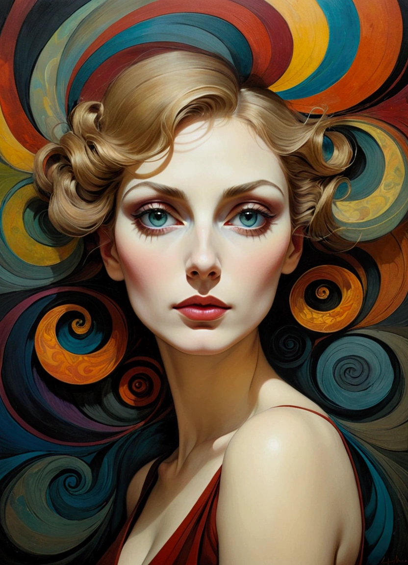 Imitating Alex Howitt (Alex Howitt) style of,style of santiago caruso,Abstract painting of a woman, Colorful swirls on the face, portrait, Beautiful and expressive