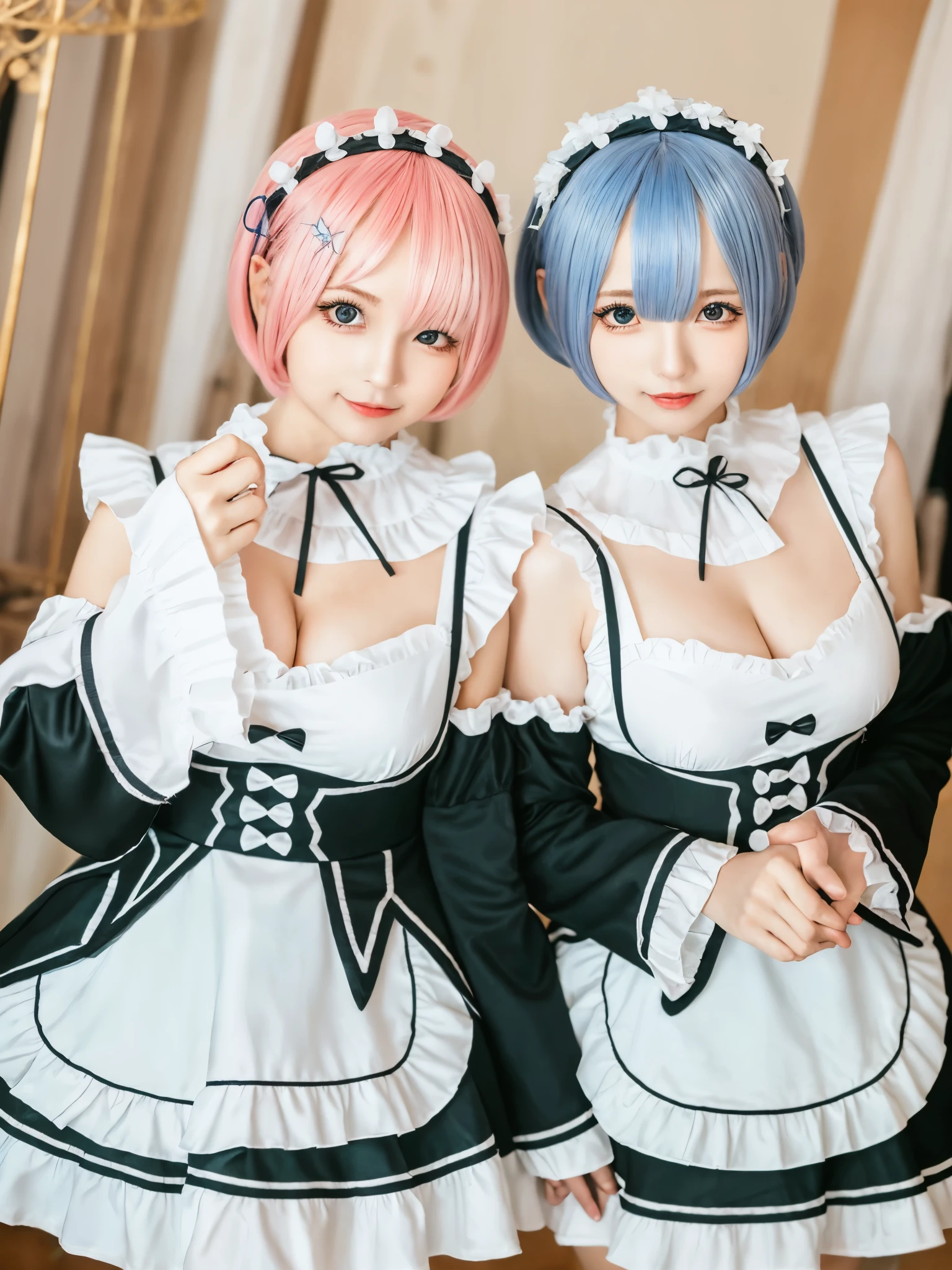 (8K, Photorealistic, Raw photo, of the highest quality: 1.3), (1girl in), Super beautiful, (Realistic face), (boyish, Silver Color Berry Shorthair), Beautiful , Glare that captivates the viewer, Beautiful expression, Beautiful breasts, (Realistic skin), Be...Create a detailed and colorful image of Ram and Rem from Re:Zero, standing back-to-back in their maid outfits, with a magical fantasy background、14years old, two girls,cute, perfect face, beautiful, nice body, gothic ta clothes, gothic loliashion, frilly skirt, headdress, necklace, bracelet, knee-high socks, boots, double eyelids, tear bags, Detailed down to the fingers, photo-like description, indoors, dim indoor lighting, one girl is pink hair and short bob, another girl is light blue hair and short bob,standing, whole body, composition that shows the whole body, smiling,The Both of them are wearing the same type of maid outfit