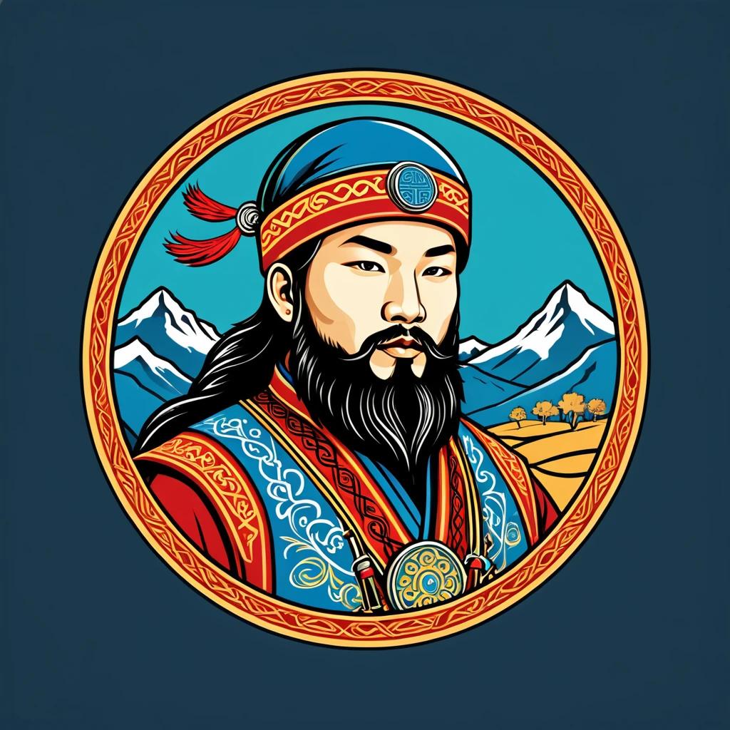 bard in mongol folk outfit, vector graphics, strong contours, logo design
