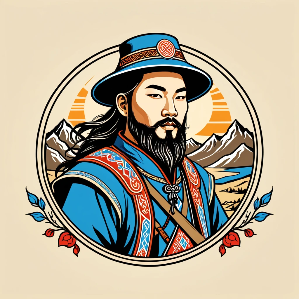 bard in mongol folk outfit, vector graphics, strong contours, logo design