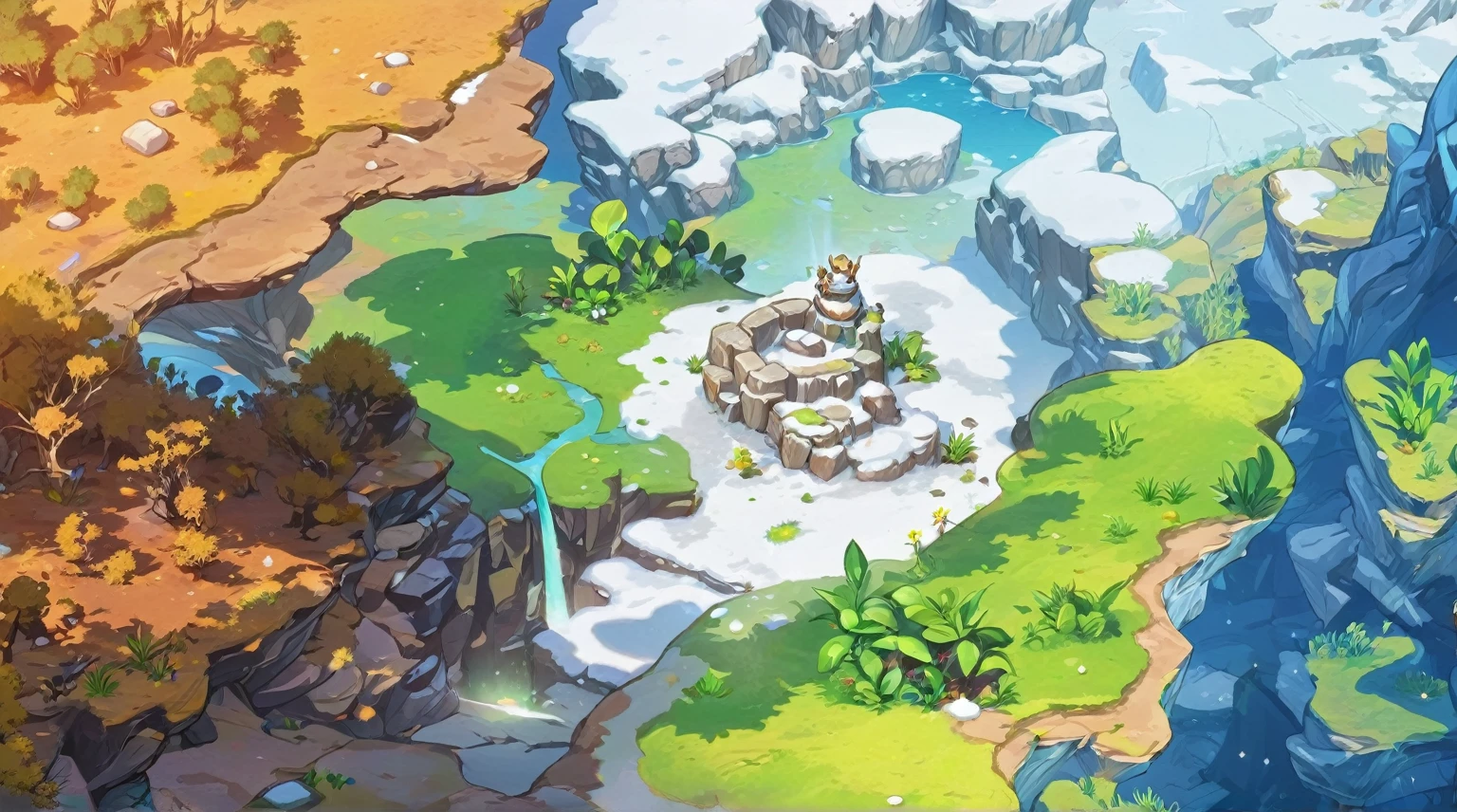 传奇皮肤“glacier,Snowfield,desert,forest,grassland",Snow White,glacier,Stone,Cave,desert,forest场景,Green Plants,Cartoon Style,Game big scene,Look down at the scene