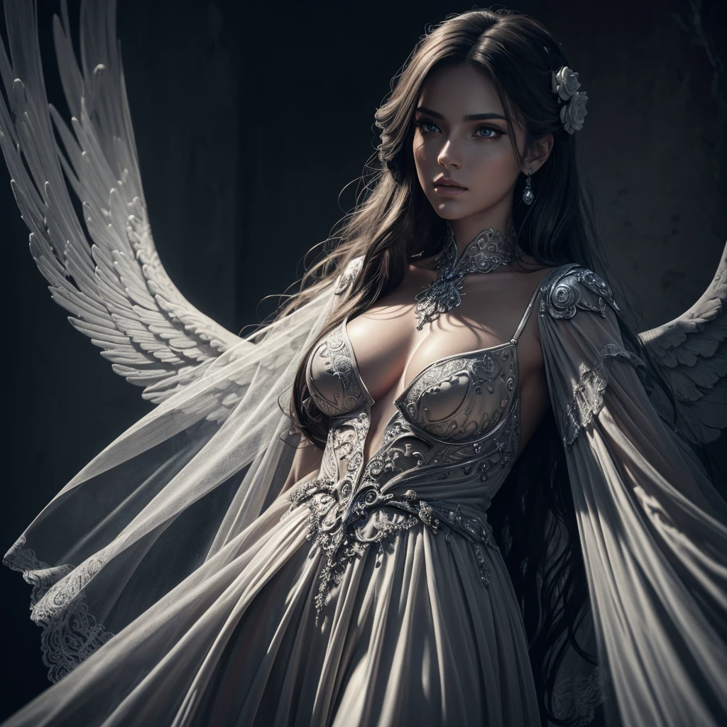 a skeleton angel, beautiful detailed eyes, beautiful detailed lips, extremely detailed face and anatomy, elegant long flowing dress, (best quality,4k,8k,highres,masterpiece:1.2),ultra-detailed,(realistic,photorealistic,photo-realistic:1.37),dramatic lighting, cinematic composition, fantasy art, ethereal, glowing, intricate details, ornate, ornamental, chiaroscuro, dramatic shadows, moody colors