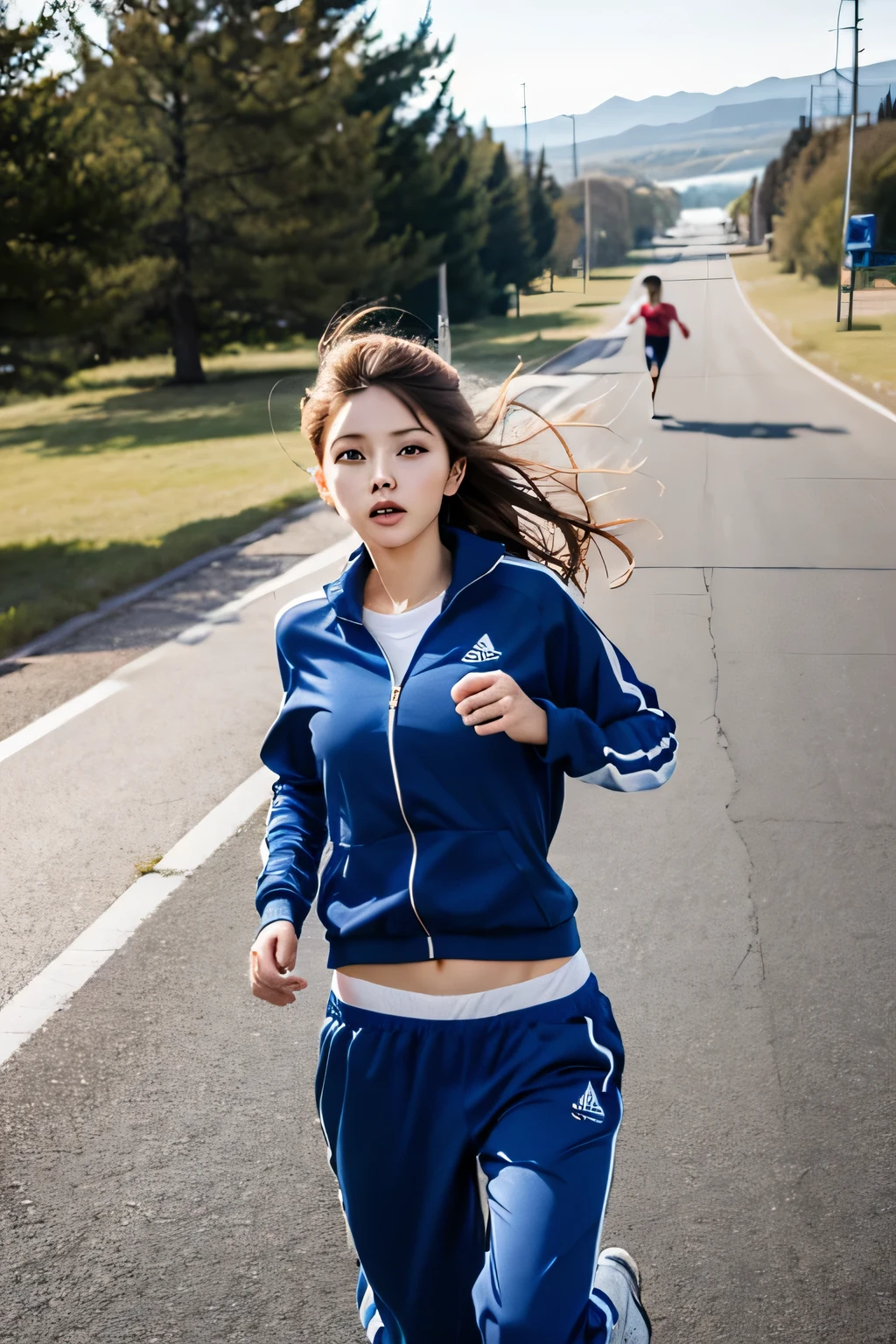 Beautiful woman jogging in blue tracksuit and sweatpants. A tri-colored tabby cat jumps and clings to the loose leg of his sweatpants. Until you see white panties, (blown by the wind:1.5), ((road)), (cowboy shoot:1.4), (perfect hand, inch details):1.5