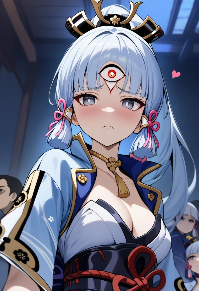 masterpiece, best quality, very aesthetic, absurd, up to date,1 Girl,Upper Body, From below, (despise, disgust,Shadowed side,Looking at the audience,frown),(((Third eye on the forehead))),
Kamisato Ayaka,Kamisato Ayaka(Genshin Impact), Light blue hair, Bangs, A small gold ornament, Gray eyes, Ponytail , Medium breasts, Blue Japanese clothes, Heart, White socks