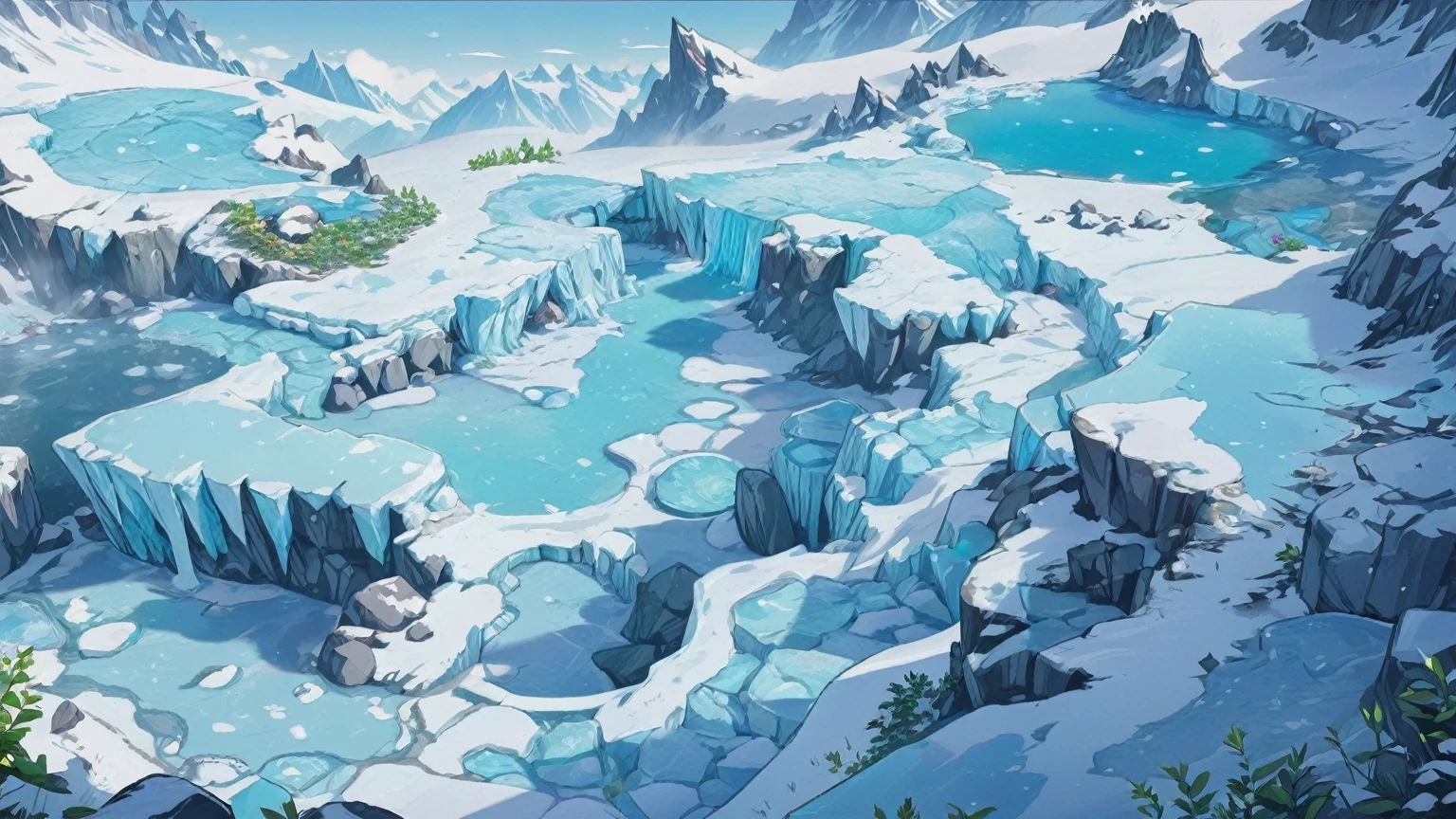 传奇皮肤“glacier,Snowfield,Snow White,glacier,Stone,glacier雪原场景,Green Plants,Cartoon Style,Game big scene,Look down at the scene