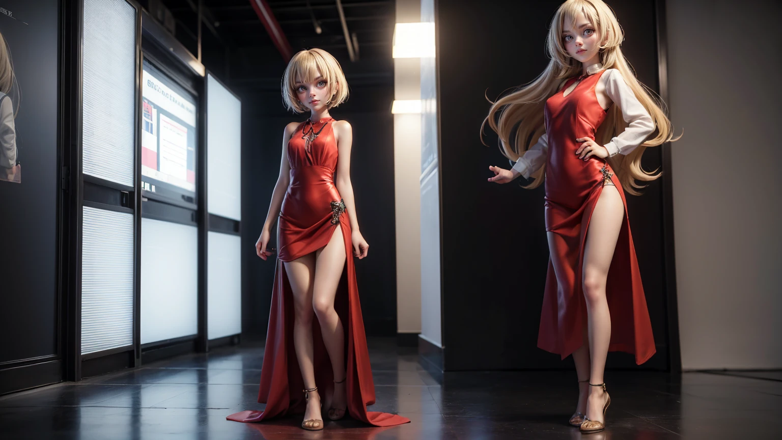 cute Japanese girl in a Maxi Dress: Floor-length dress that can be fitted or flowy, perfect for casual or formal occasions. Dress Pixie Cut: Short and edgy. . hair style, blond hairs hairs red dress, gaming , smiling face, short dress full straight standing pose, student, , Full body, modern girl, games girl, Simple white background,,, design sheet, HD, full body, standing, modern futuristic dress, front view