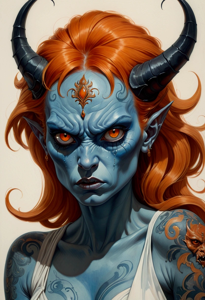 Imitating Alex Howitt (Alex Howitt) style of,style of santiago caruso，An extremely detailed gouache painting of a female demon, Blue skin tone, Disgusted expression, angry, anger, Gorgeous exotic style, Amber neon eyes:1.5,  Orange Hair, Extremely detailed facial features, Expressive face, Detailed texture, white tattoo, (masterpiece), (best quality), (Super Detail), 