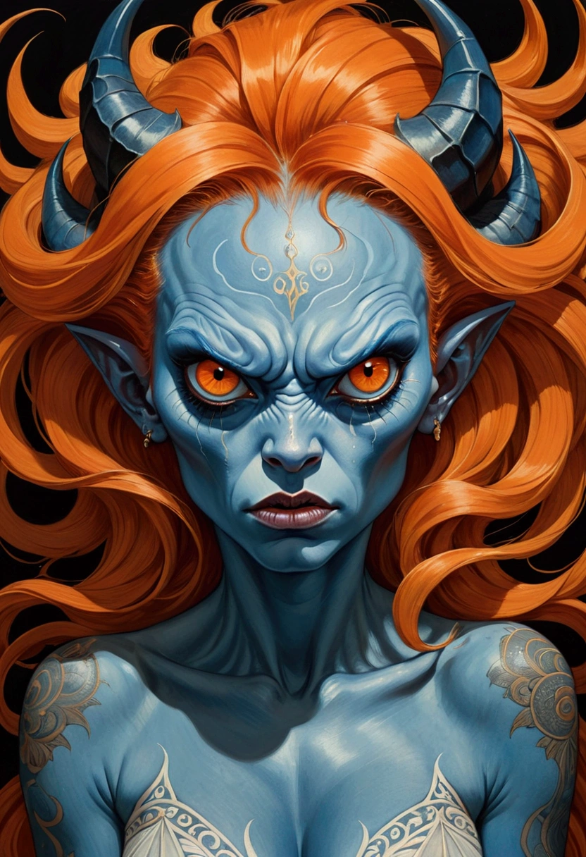 Imitating Alex Howitt (Alex Howitt) style of,style of santiago caruso,An extremely detailed gouache painting of a female demon, Blue skin tone, Disgusted expression, angry, anger, Gorgeous exotic style, Amber neon eyes:1.5, Orange Hair, Extremely detailed facial features, Expressive face, Detailed texture, white tattoo, (masterpiece), (best quality), (Super Detail),