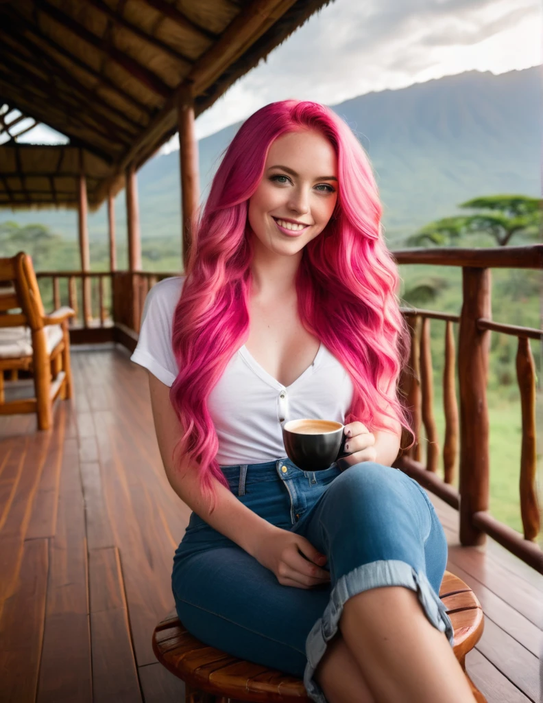 Very attractive 25 year old caucasian female with long wavy bright pink hair,sitting on a veranda of a lodge in Tanzania, drinking coffee, photo quality