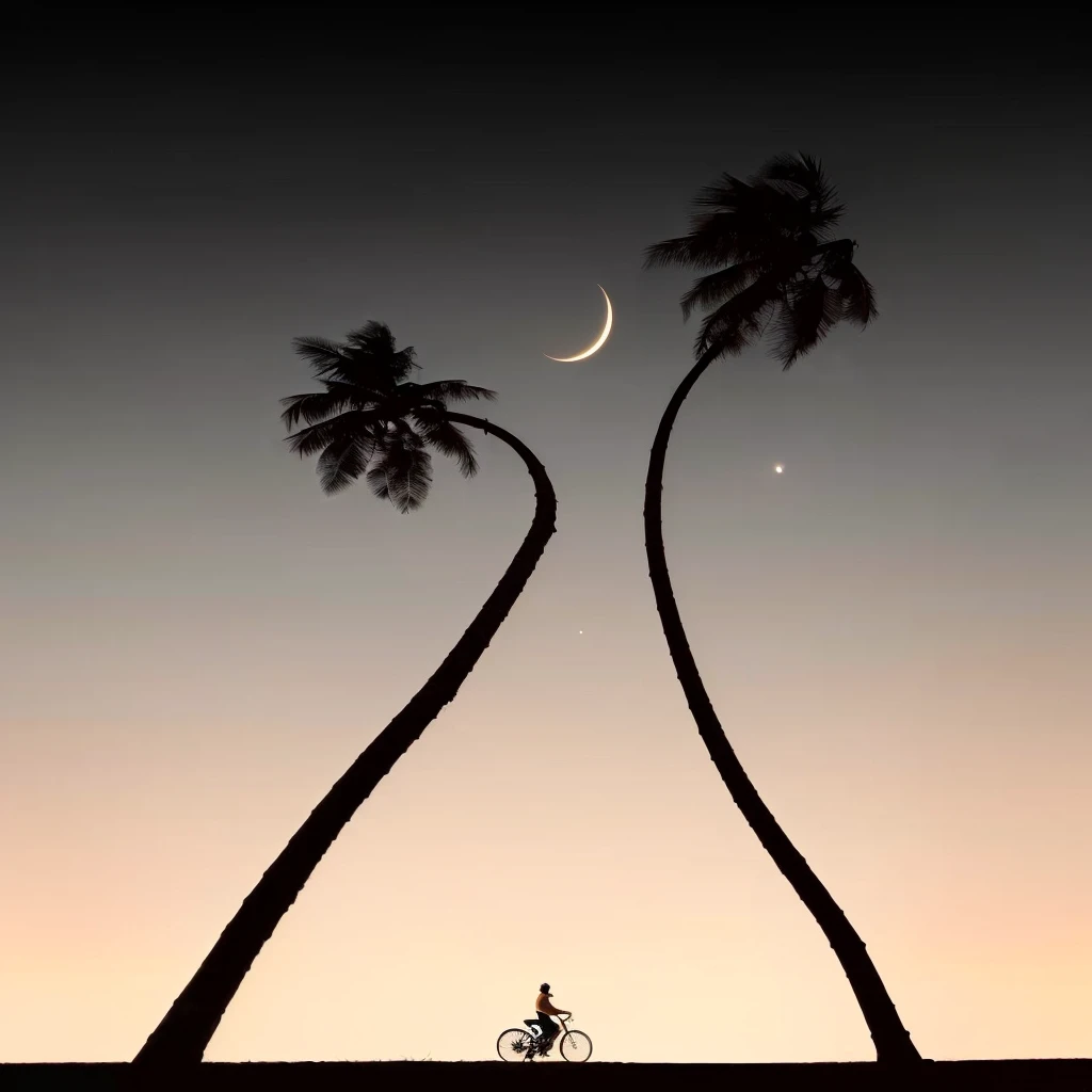 arafed image of cyclists on the beach, Palm tree james gurney, 高清phone wallpaper, Beautiful iPhone Wallpapers, new moon, phone wallpaper高清, Palm tree, Palm tree, new moon in background, A moon in the sky, hq 4k phone wallpaper, coconut tree, phone wallpaper, The palm comes from the depths, Night settings