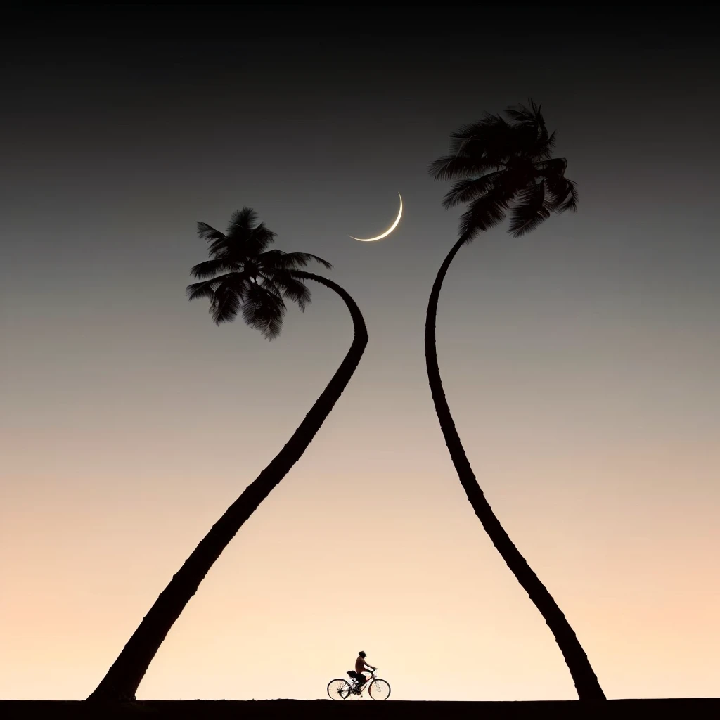 arafed image of cyclists on the beach, Palm tree james gurney, 高清phone wallpaper, Beautiful iPhone Wallpapers, new moon, phone wallpaper高清, Palm tree, Palm tree, new moon in background, A moon in the sky, hq 4k phone wallpaper, coconut tree, phone wallpaper, The palm comes from the depths, Night settings