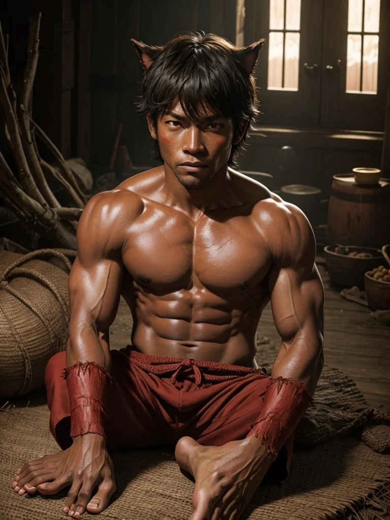8-year-old werewolf boy,Topless,Red skin,barefoot,Muscle fullness