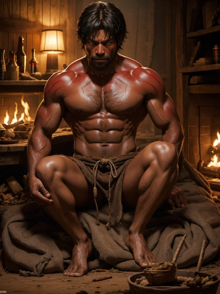 8-year-old werewolf boy,Topless,Red skin,barefoot,Muscle fullness