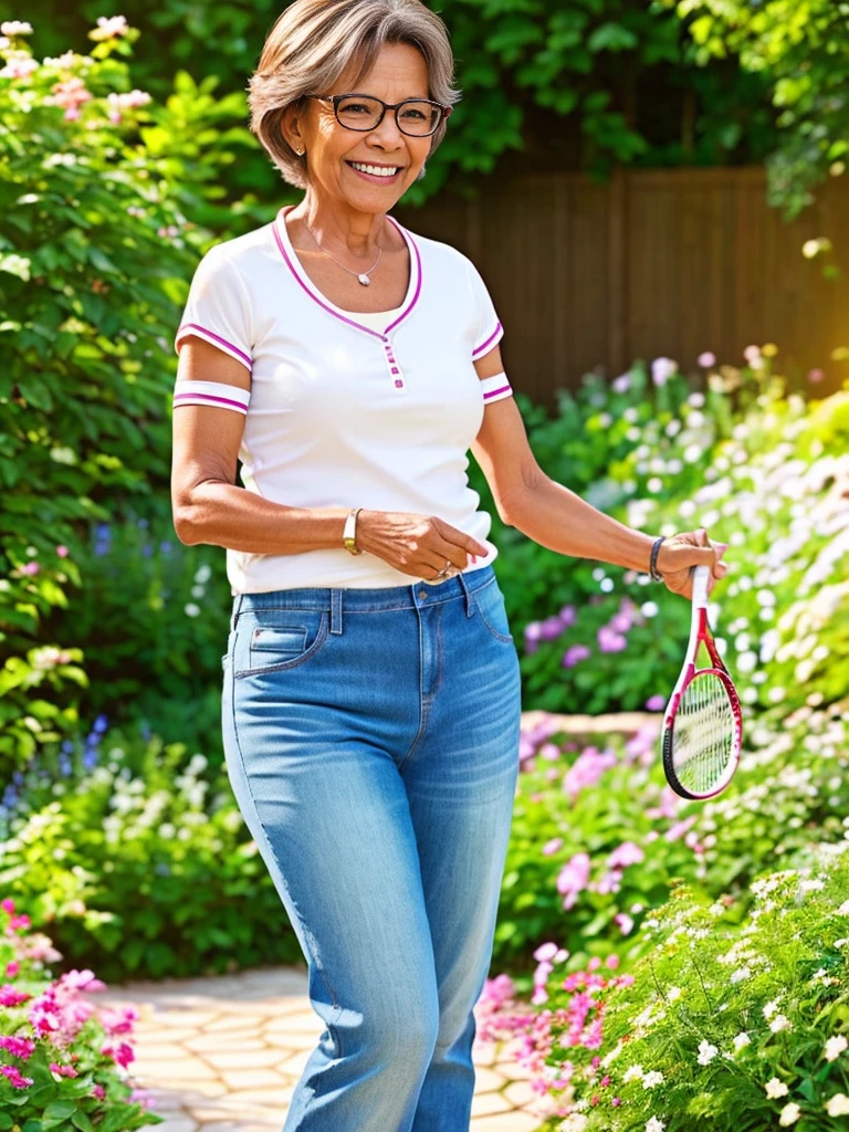 59 year old woman, very smiling, full, glasses,short light brown hair, with jeans tennis loose blouse ,painting a picture, in a garden amolio,, 