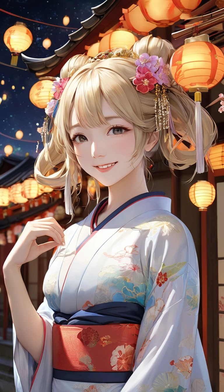 8k resolution, masterpiece, Highest quality, Award-winning works, unrealistic, SFW, elegant, Very detailed, Digital Painting, artステーション, コンセプトart, Smooth, Sharp focus, shape, artジャム、Greg Rutkowski、Alphonse Mucha、William Adolphe Bouguereau、art：Stephanie Law , , Royal Jewel, , Full Shot, Symmetric, Greg Rutkowski, Charlie Bowwater, beep, Unreal 5, Surreal, Dynamic Lighting, ファンタジーart, Complex色, Gion, Kyoto, Numerous fireflies, fire works, milky way, shooting stars, Small face, Very delicate look, , Delicate facial depiction, Delicate eye depiction, Upper body close-up, Alluring, , dynamic sexy pose, sole sexy girl, healthy body, Age 22, , , ,, doaxvv_Marie Rose, geisha, height: 160cm, huge firm bouncing busts, , Very long wavy blonde hair, Twin tails, Glowing Skin, Sweat, Smiling at the camera, Looking up, Invincible laughter, Complex, traditional Japanese see-through yukata, 