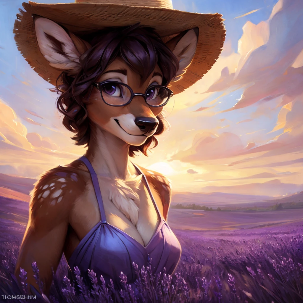 uploaded on e621, by Pixelsketcher, by Bayard Wu, by Thomas Benjamin Kennington , by Einshelm, by hioshiru and kenket, Chunie, portrait, solo anthro female deer doe, with small featureless breasts, clear dark blue, cinematic lighting, day, sunny day, lavender field, stays in a lavender field, lavender field background, mediterranean background, horizon background, shiny, short curly dark brown hair, wears big black nerd glasses, very very beautiful furry art, furry art, smiling, joyful, shiny, happy, feminine, cute face, muzzle, fluffy chest, flawless face, Fallow deer, 1girl, Sakimichan is beautiful, Masterpiece, Wavethesallow Face, shiny, Detailed image, portrait, Detailed image, portrait, full body, wearing pure white and wide spaghetti straps dress, wearing big and wide beige summer straw hat, shiny, realistic face, perfect anatomy, hourglass body, (furry body:1.1), anthropomorphic deer, looks at the viewer, small fluffy tail, detailed background, (cute anatomy:1.1), walks in a lavender field
