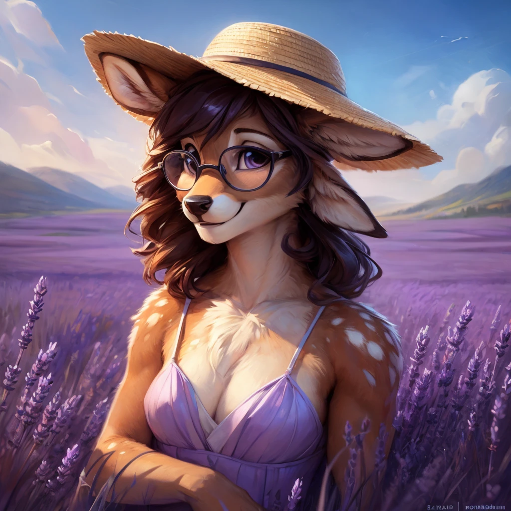 uploaded on e621, by Pixelsketcher, by Bayard Wu, by Thomas Benjamin Kennington , by Einshelm, by hioshiru and kenket, Chunie, portrait, solo anthro female deer doe, with small featureless breasts, clear dark blue, cinematic lighting, day, sunny day, lavender field, stays in a lavender field, lavender field background, mediterranean background, horizon background, shiny, short curly dark brown hair, wears big black nerd glasses, very very beautiful furry art, furry art, smiling, joyful, shiny, happy, feminine, cute face, muzzle, fluffy chest, flawless face, Fallow deer, 1girl, Sakimichan is beautiful, Masterpiece, Wavethesallow Face, shiny, Detailed image, portrait, Detailed image, portrait, full body, wearing pure white and wide spaghetti straps dress, wearing big and wide beige summer straw hat, shiny, realistic face, perfect anatomy, hourglass body, (furry body:1.1), anthropomorphic deer, looks at the viewer, small fluffy tail, detailed background, (cute anatomy:1.1), walks in a lavender field