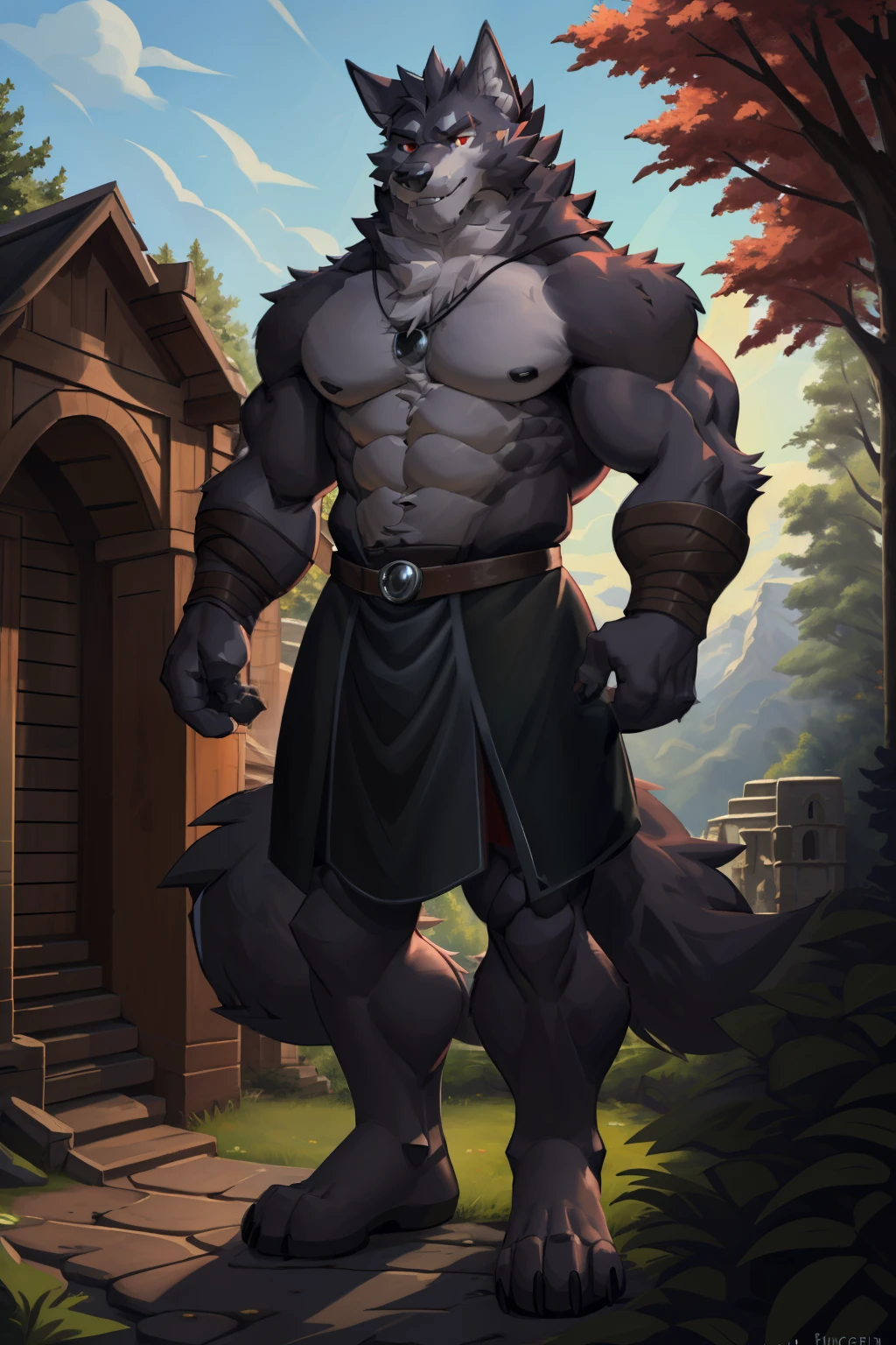 Prompt: "Furry, anthro (wolf), masculine, middle-aged, muscular, knight costume, long red cherry cloak, detailed background, outdoor scene, full body, wolf dick equipped with a knot, prominent and detailed, high quality, masterpiece, best anatomy, detailed picture, by [artist's name]"