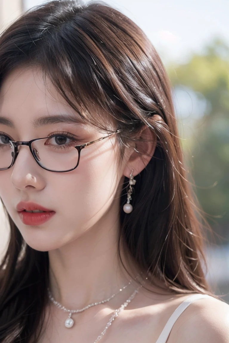 beautiful woman looking down at her phone, closeup side profile of woman's face, woman in black dress with off-the-shoulder sleeves, pearl earrings and necklace, wearing glasses, intense and longing gaze, high-quality realistic portrait photograph, natural skin tones, soft lighting, shallow depth of field, photorealistic, 8k, hyper-detailed, intricate details