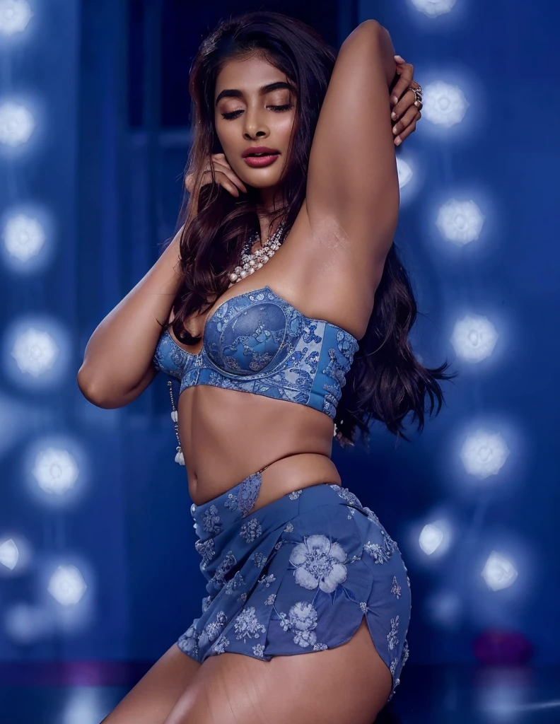 close up photo of naked pooja hegde masturbating pussy in office, chin up and self pleasure in pain, open mouth wide, laugh, curvy, hourglass figure, swooping breasts, closed eyes, standing with wide open spread legs, necklace, blue floral lace bra and saree, red lips, sultry, ponytail, (cinematic:1.3)