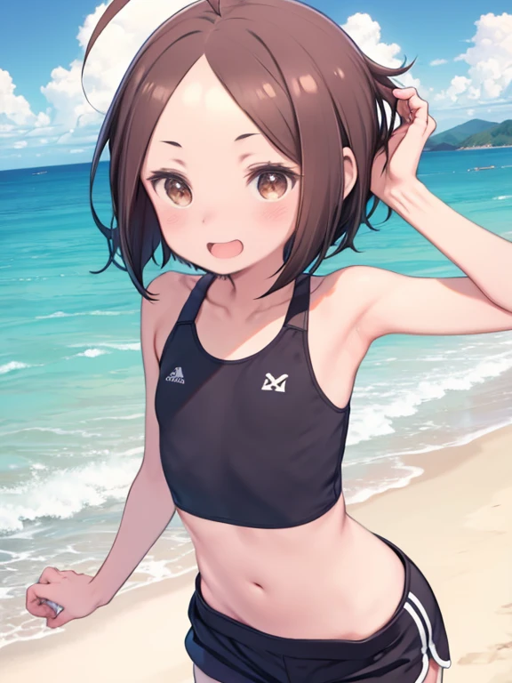 One Man、、short hair、Straight Hair、Flat Hair、Brown Hair、Brown eyes、Forehead、Ahoge、Swimwear、Shorts、Tank top、belly button、Uppery、Ocean、beach、laughing、
