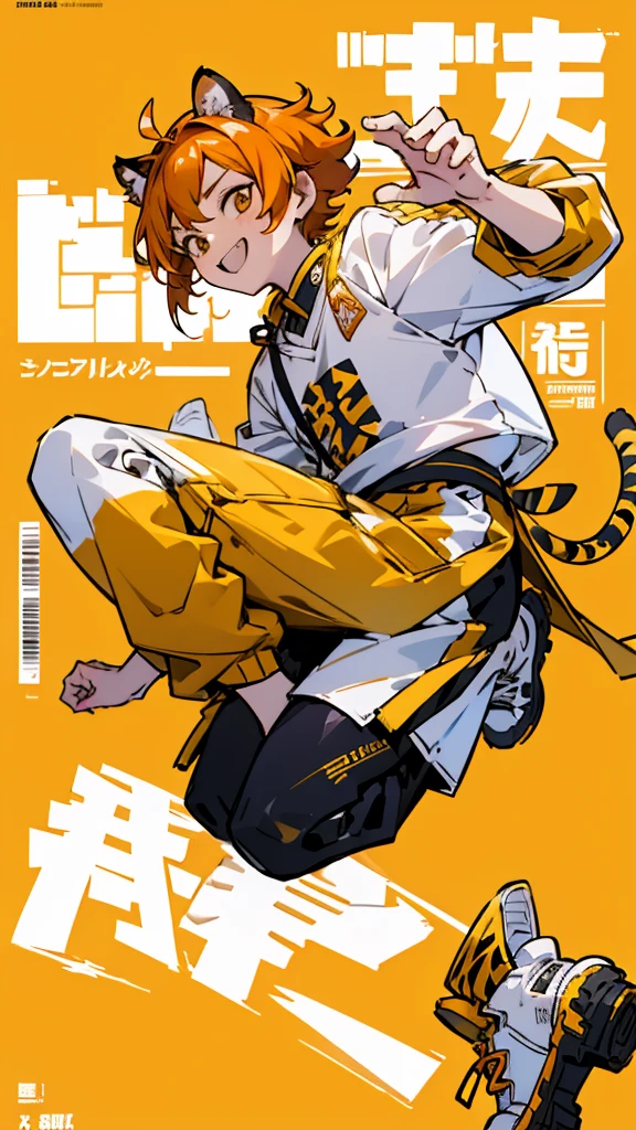 サイバーパンク, オーバーサイズパーカー, Wearing big sneakers, whole body, Simple Background, Magazine cover style, Tiger themed characters, amberのイメージカラー, Cheerful boy, Jumping, short hair, tsurime, cat ears, skin fang, grin, tachi-e, projected inset, UHD, best quality, highres, 8k