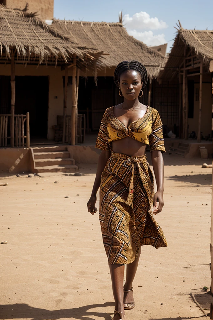 Generate an African woman with traditional African cloths, passing in front of fantastic architecture in Africa, she walks from right to left, focusing on the construction around her