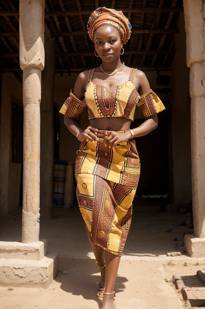 Generate an African woman with traditional African cloths, passing in front of fantastic architecture in Africa, she walks from right to left, focusing on the construction around her