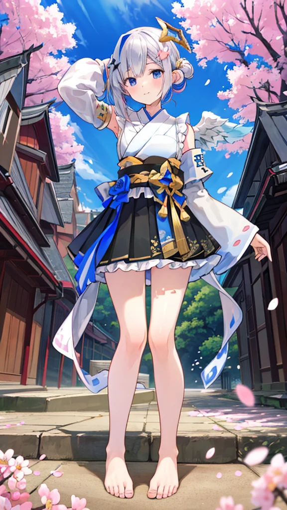 The Four Canatas,Idol Costumes,。Under the skirt,Angle from below,barefoot,Shrine with cherry blossoms,Detachable sleeves,Place your hands behind your head