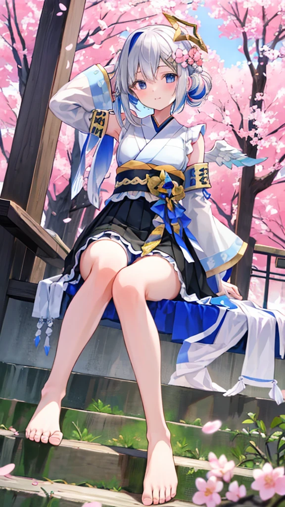 The Four Canatas,Idol Costumes,。Under the skirt,Angle from below,barefoot,Shrine with cherry blossoms,Detachable sleeves,Place your hands behind your head