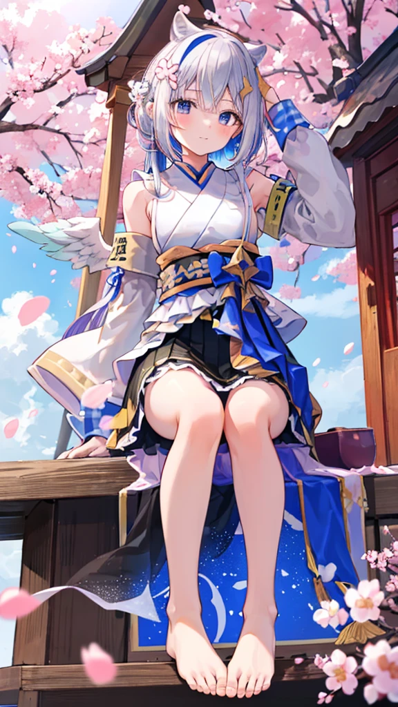 The Four Canatas,Idol Costumes,。Under the skirt,Angle from below,barefoot,Shrine with cherry blossoms,Detachable sleeves,Place your hands behind your head