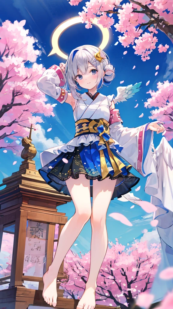 The Four Canatas,Idol Costumes,。Under the skirt,Angle from below,barefoot,Shrine with cherry blossoms,Detachable sleeves,Place your hands behind your head