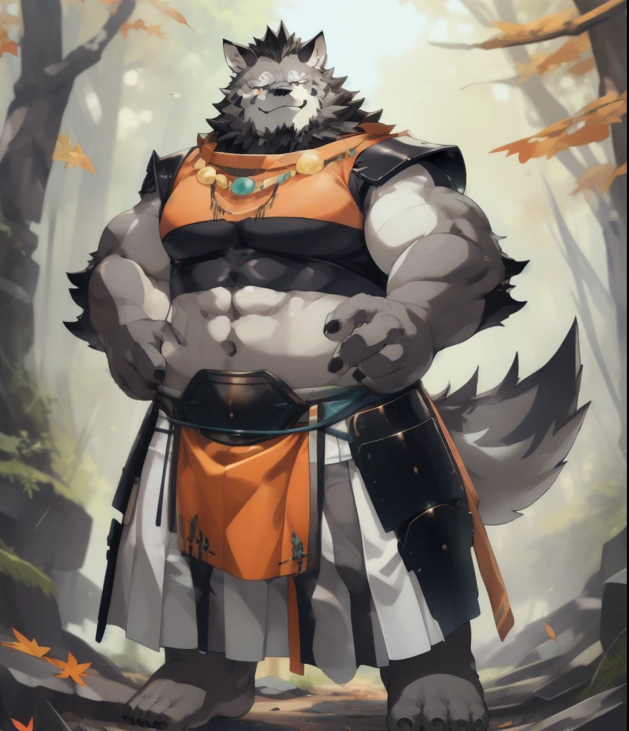 pose, posing, solo, strong, black armor, green rope, orange loincloth, (black shirt:0.382) ,orange tanktop, black paw, grey body, 5 fingers, 1 tail, necklace, smile face, open eyes, autumn forest, highly detailed, masterpiece,(best quality), (extreme detailed illustration), good anatomy, (detailed CG), (bright eyes), stomach, abs, belly, (chubby:1), black hairs, barefoot, full body, (white skirt:1.1), orange loincloth, (intricate, high detail, film photography, soft focus, RAW candid cinema, photorealism, realistic, photorealistic, analog style, subsurface scattering, masterpiece, best quality, ultra realistic, 8k), (by canyne khai,by takemoto arashi), (yamato (tamacolle)), bulge