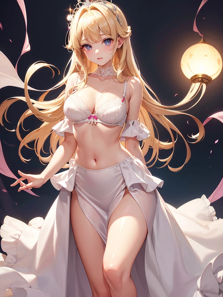 bare breasts、(satin、silk、(White bra))、Highest quality, Super Fine, 16K, Incredibly absurd, Very detailed, Beautiful and cute woman, shy, Big, bright eyes, Blonde double-sided princess hairstyle, Princess-like pink ruffled long flare skirt dress, Simple color background