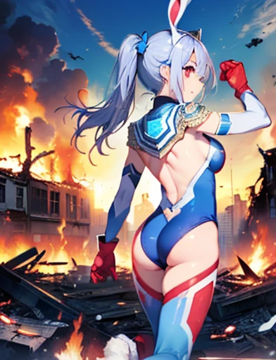 Realistic,Highest quality, Super detailed, High-quality CG rendering, The most delicate and beautiful, Floating softly, High resolution, (1. Giant Girl), (Highest quality,4K,8k,masterpiece:1.2), Light purple hair,(Bunny ears:1.5),(Very long ponytail:1.5),Red eyes,(Ultra Girl:1.0),(All blue Ultraman bodysuit:1.5),(All blue gloves:1.5),(All blue shoes:1.5),(Do not expose your skin:1.4),(Slightly larger breasts:1.5),(Clenched fist:1.2),(Red gloves:1.3),(Red Shoes:1.3),(whole body:1.3),(Are standing:1.3),(City in flames:1.3),(Buildings in flames:1.3),(Burning Ruins:1.3),(Fighting Pose:1.3),(Turn your back to your audience:1.3),Butt