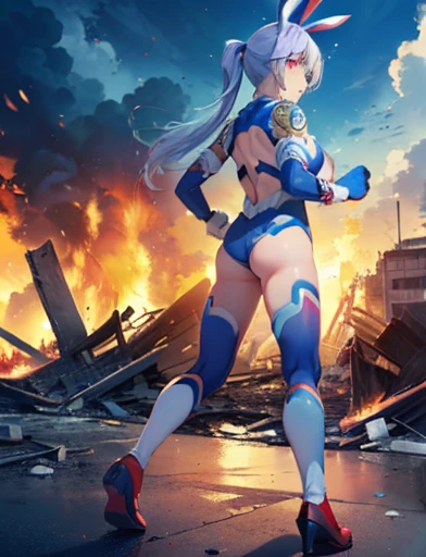 Realistic,Highest quality, Super detailed, High-quality CG rendering, The most delicate and beautiful, Floating softly, High resolution, (1. Giant Girl), (Highest quality,4K,8k,masterpiece:1.2), Light purple hair,(Bunny ears:1.5),(Very long ponytail:1.5),Red eyes,(Ultra Girl:1.0),(All blue Ultraman bodysuit:1.5),(All blue gloves:1.5),(All blue shoes:1.5),(Do not expose your skin:1.4),(Slightly larger breasts:1.5),(Clenched fist:1.2),(Red gloves:1.3),(Red Shoes:1.3),(whole body:1.3),(Are standing:1.3),(City in flames:1.3),(Buildings in flames:1.3),(Burning Ruins:1.3),(Fighting Pose:1.3),(Turn your back to your audience:1.3),Butt