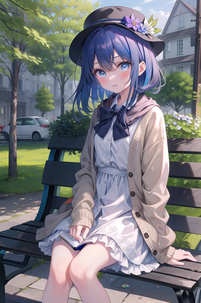 (8k, best quality, master piece: 1.2),super high resolution,1 girl, 独奏, ((colorshift eyes, hyperdetailed, expressive eyes)), ultra-detailed face, random hair, random color, Ecstatic expression, Back view, Sitting on a park bench、Girl reading a book。Flower beds and trees around々is spreading。White frilly dress、Cardigan with ribbon on the back。A small hat。