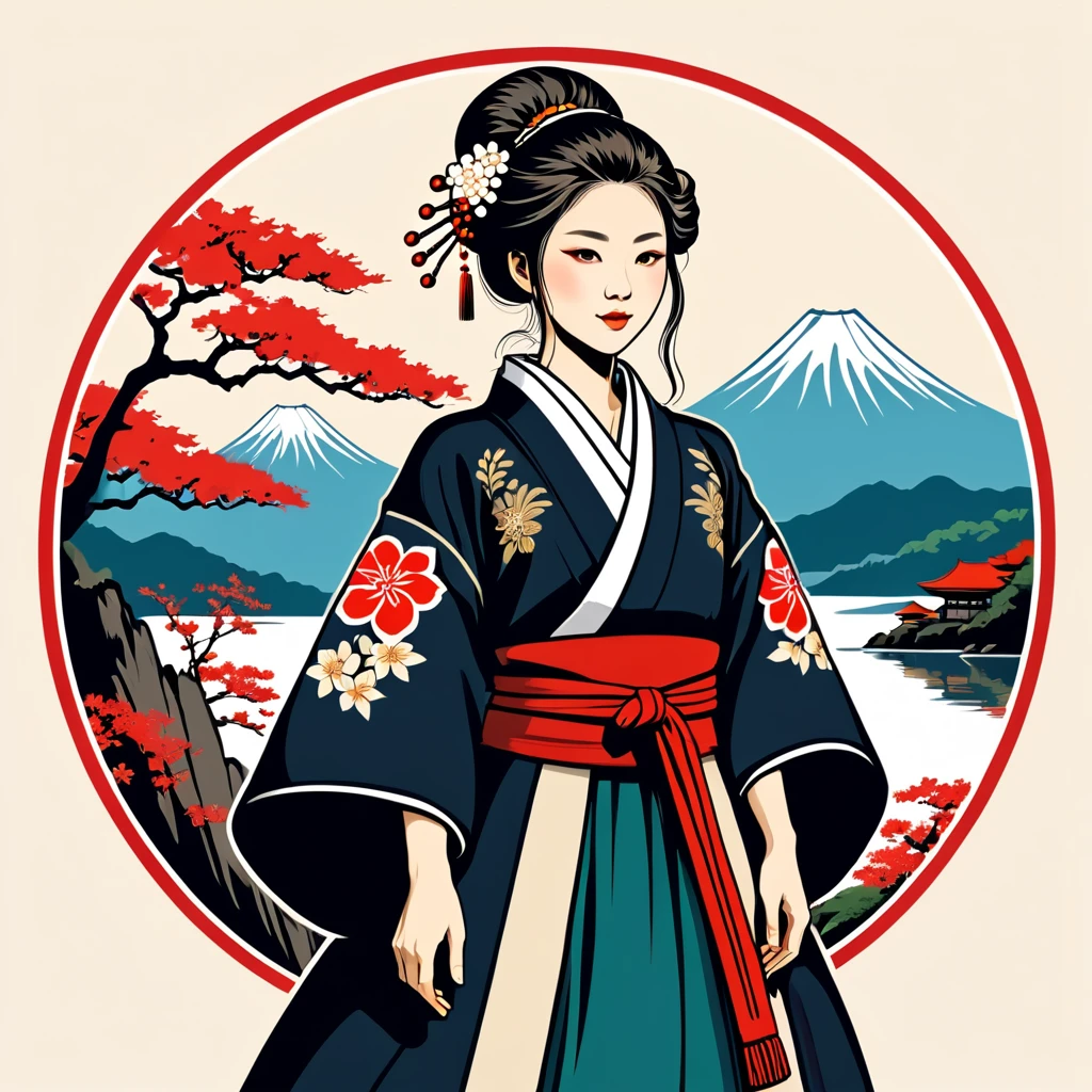 bard in japan folk outfit, vector graphics, strong contours, logo design